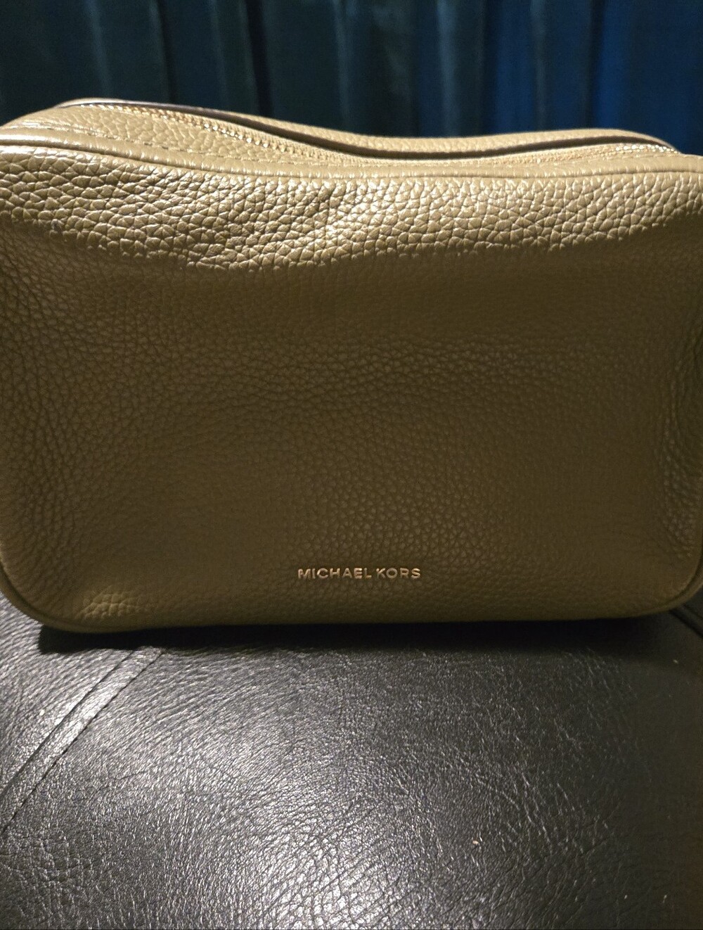 Michael Kors Olive Pebbled Leather Toiletry Pouch with Gold Logo
